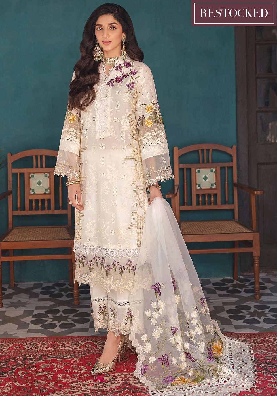 elaf wite lawn wit orgenza dupatta