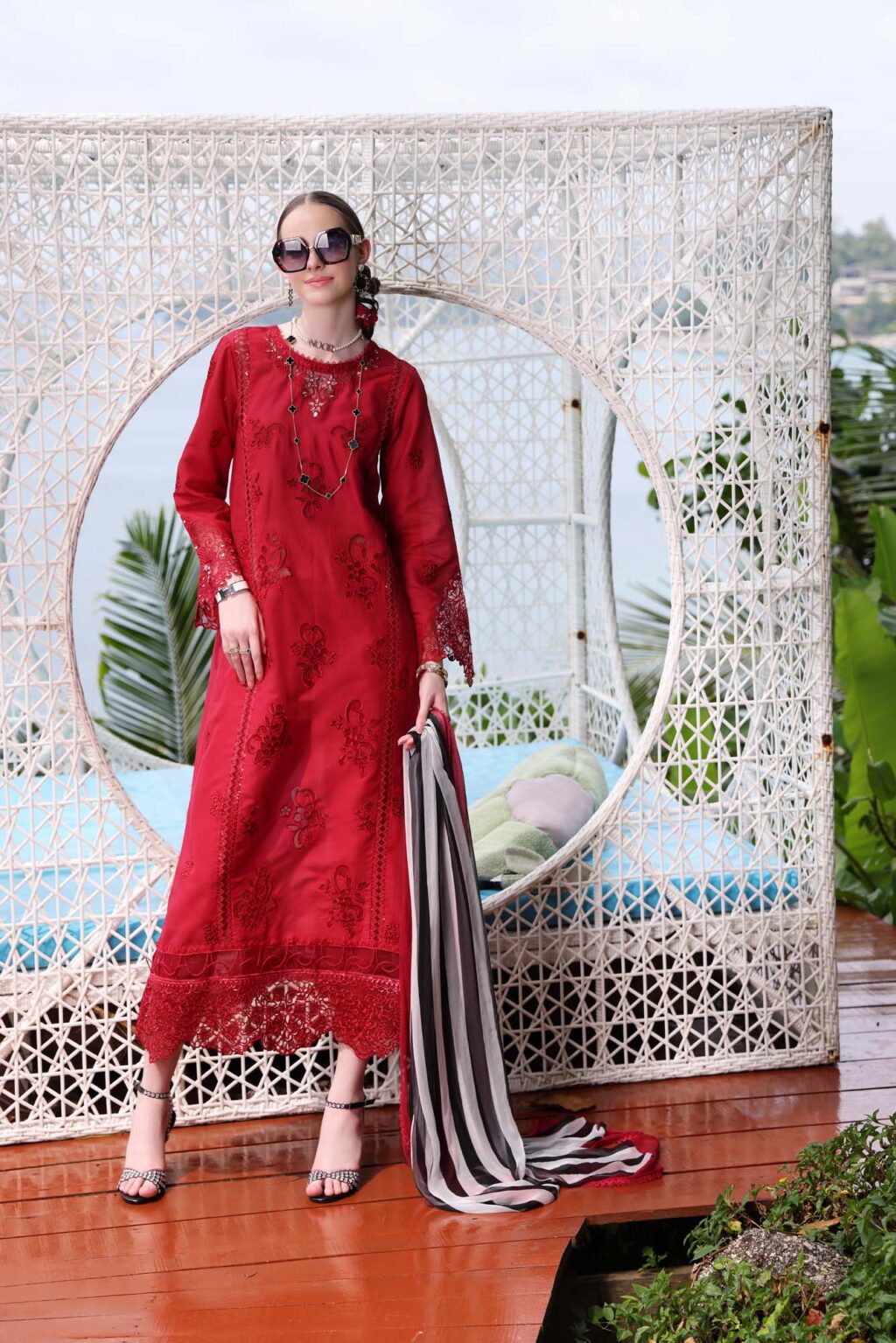 RED LAWN CHICKENKARI 2024 EID DRESS