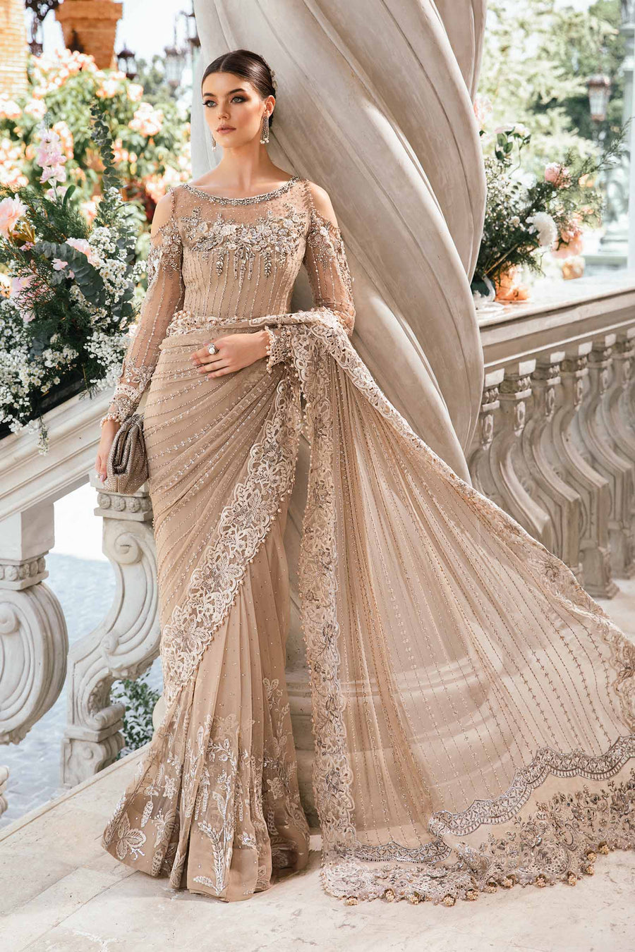 Maria.B Saree In Beige Skin | Chiffon Luxury Wedding Wear Saree Top Pakistani Dress By Shaebiz