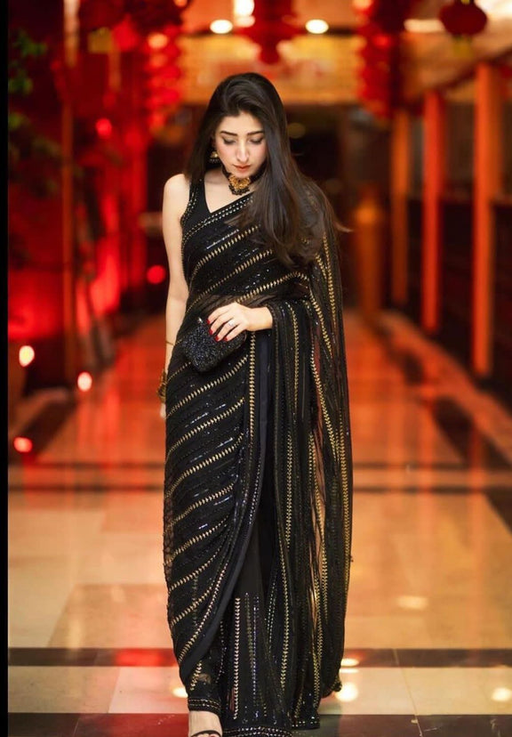 MARYAM NAFEES BLACK CHIFFON SAREE